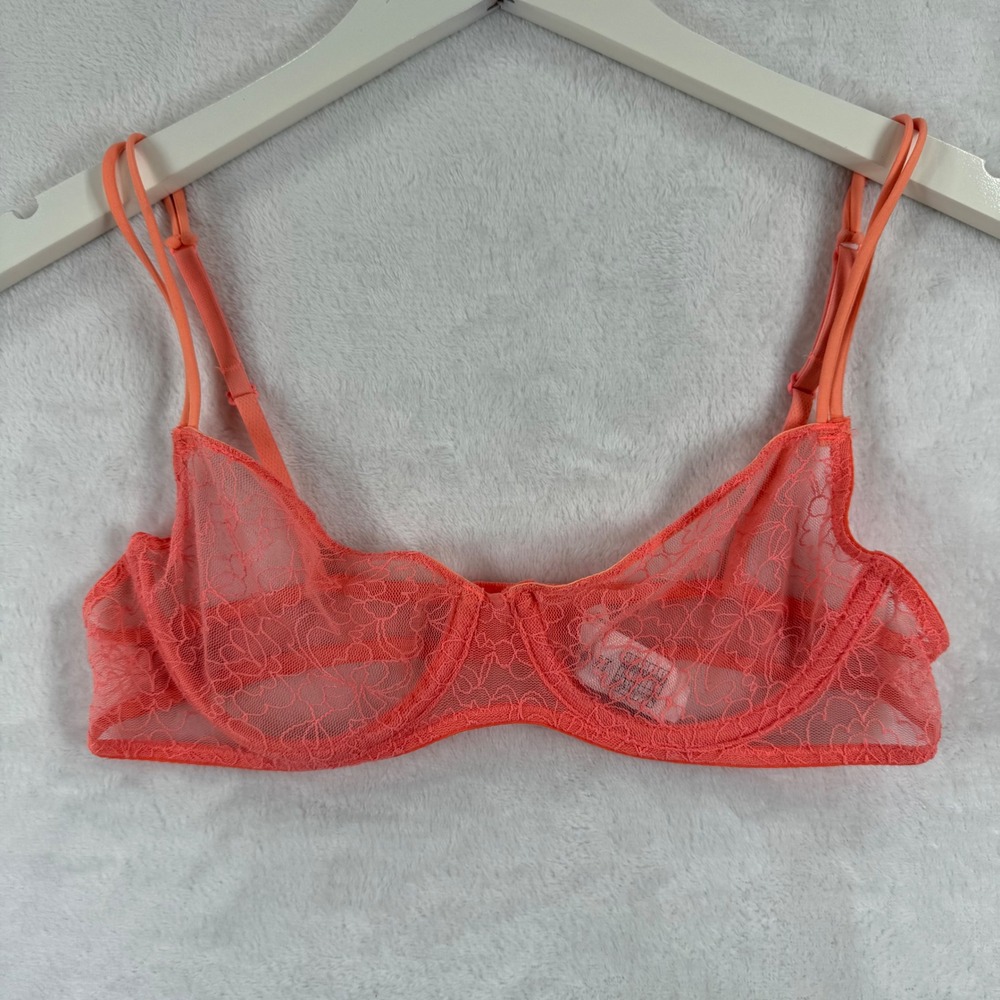 Forever 21 Womens Coral Floral Lace Underwire Sheer Mesh Bra 34B Pink 5893
